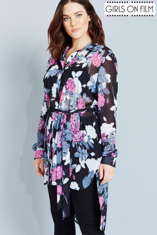 Girls On Film Curve Floral Print Shirt With Tie